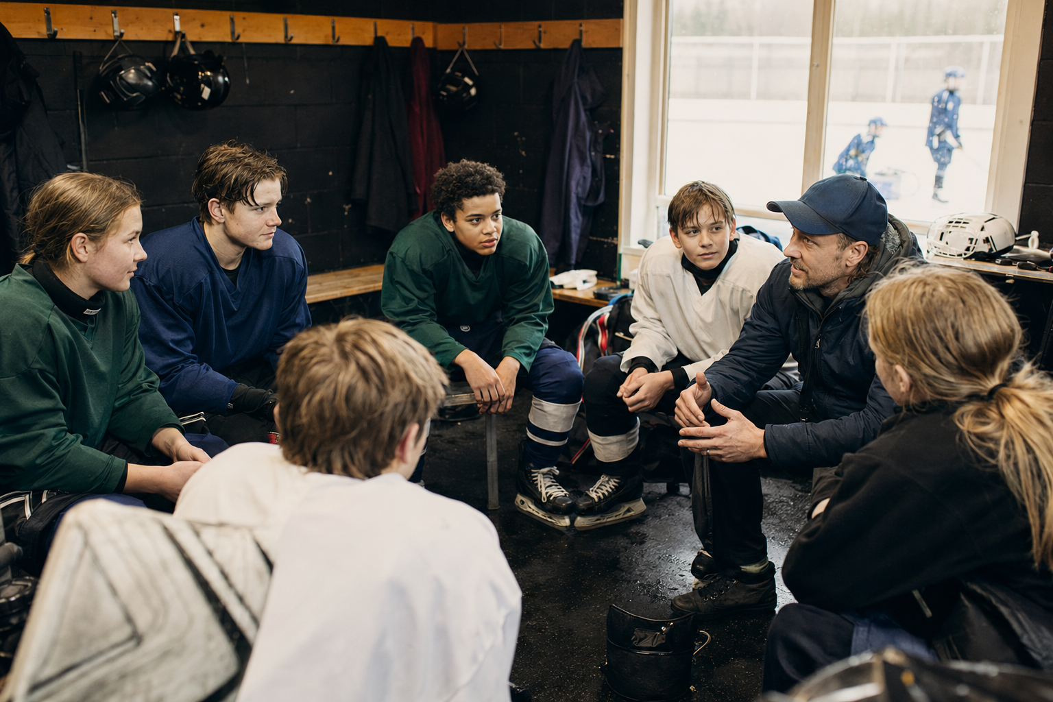 Ishockeylag som samlas med sin tränare