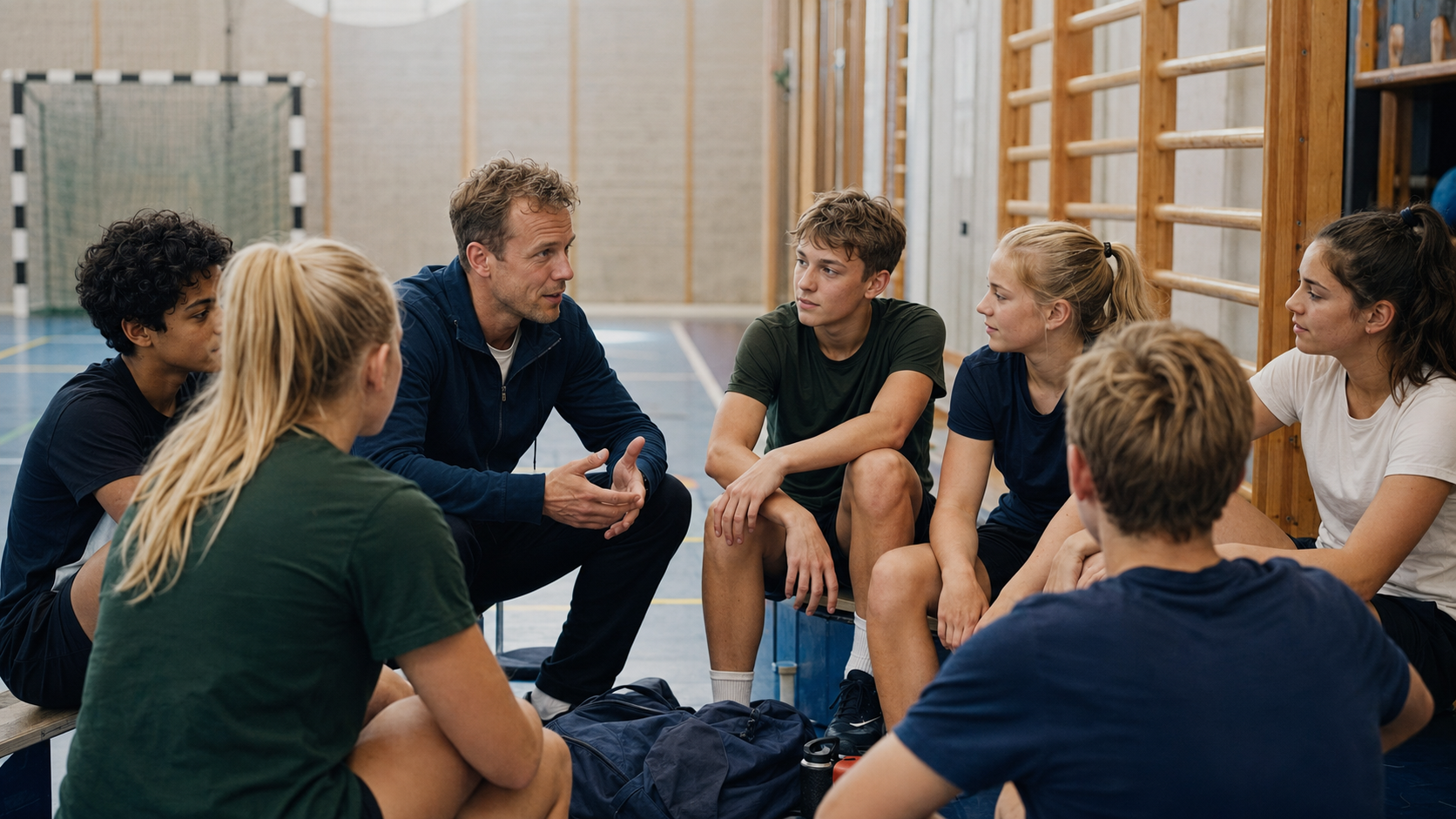 Tränare i samtal med ett ungdomslag efter träningen